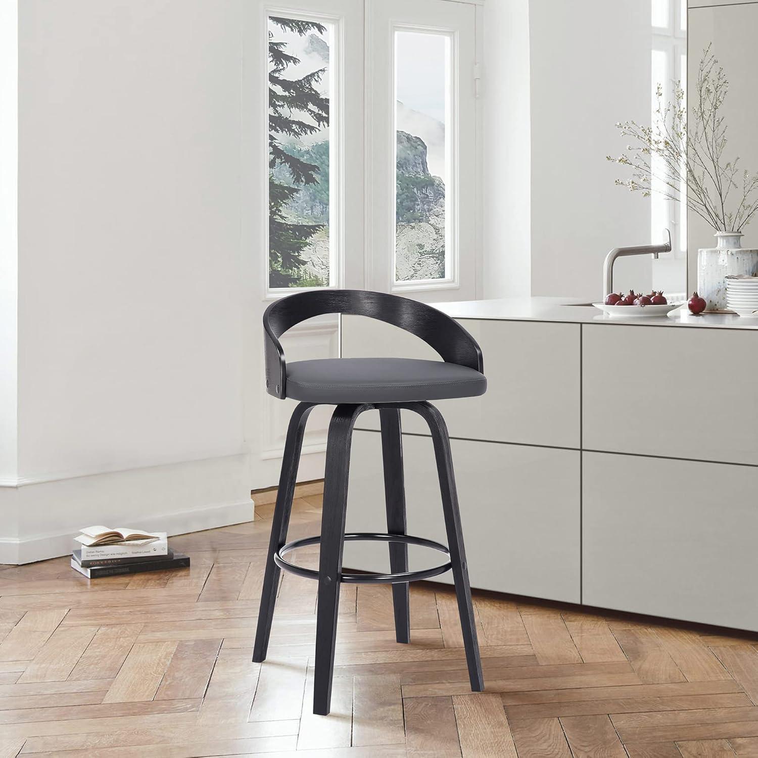 image:imageArmen Living Sonia Modern Swivel Bar Height Stool with Blue Upholstered Seat and Patterned Oak Wood FinishGray Faux LeatherBlack