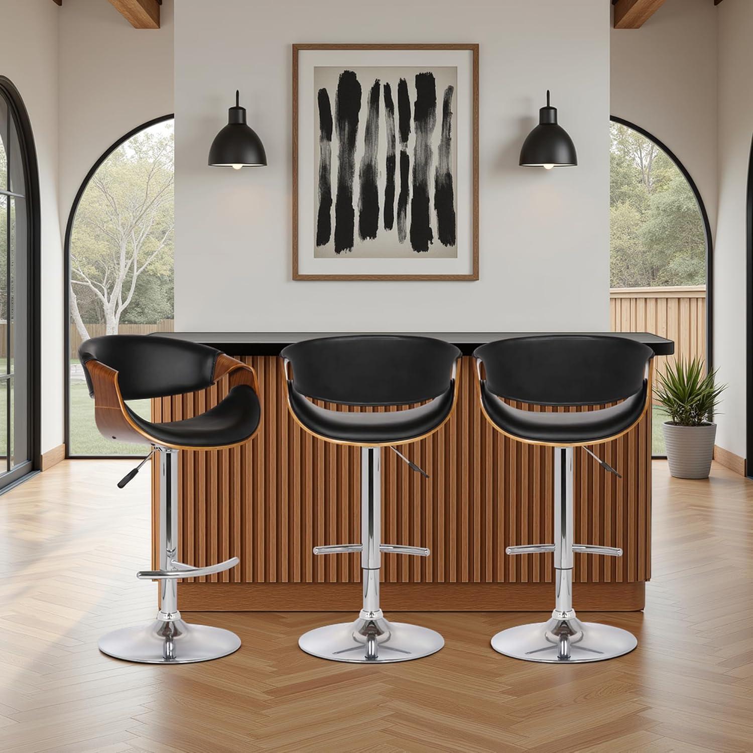 image:imageArmen Living Butterfly Swivel Adjustable Barstool in Black Faux Leather and Walnut Wood FinishBlack