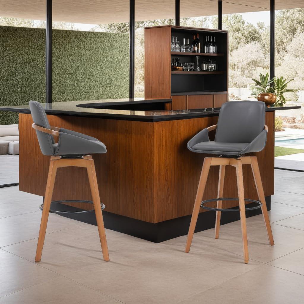 image:imageArmen Living Jayden Mid Century Modern Swivel Bar Stool for Kitchen Island Counter in Gray Faux Leather and Walnut Wood 30 Seat HeightGray and Walnut Wood