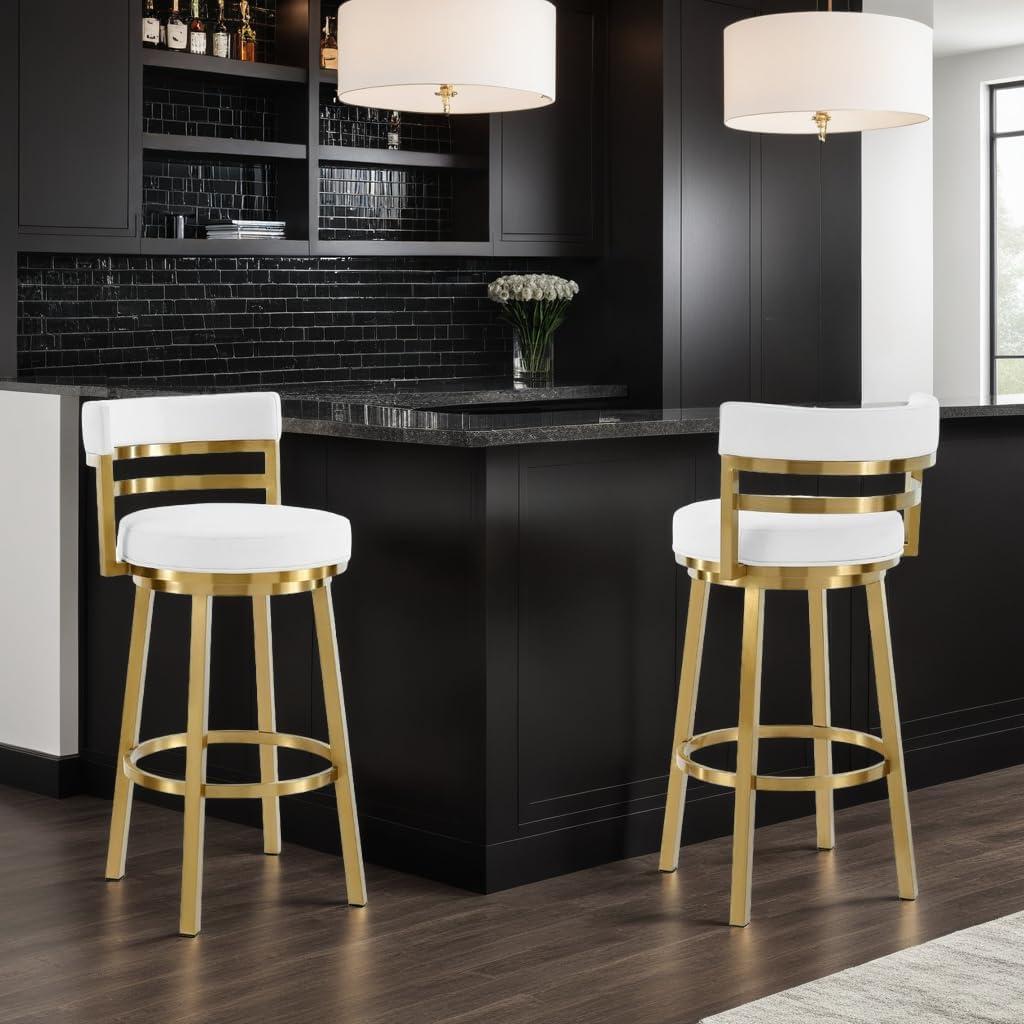 image:imageArmen Living Madrid 30 Bar Height Swivel Modern Grey Faux Leather and Brushed Stainless Steel Bar Stool for Kitchen Island CounterWhite and Gold