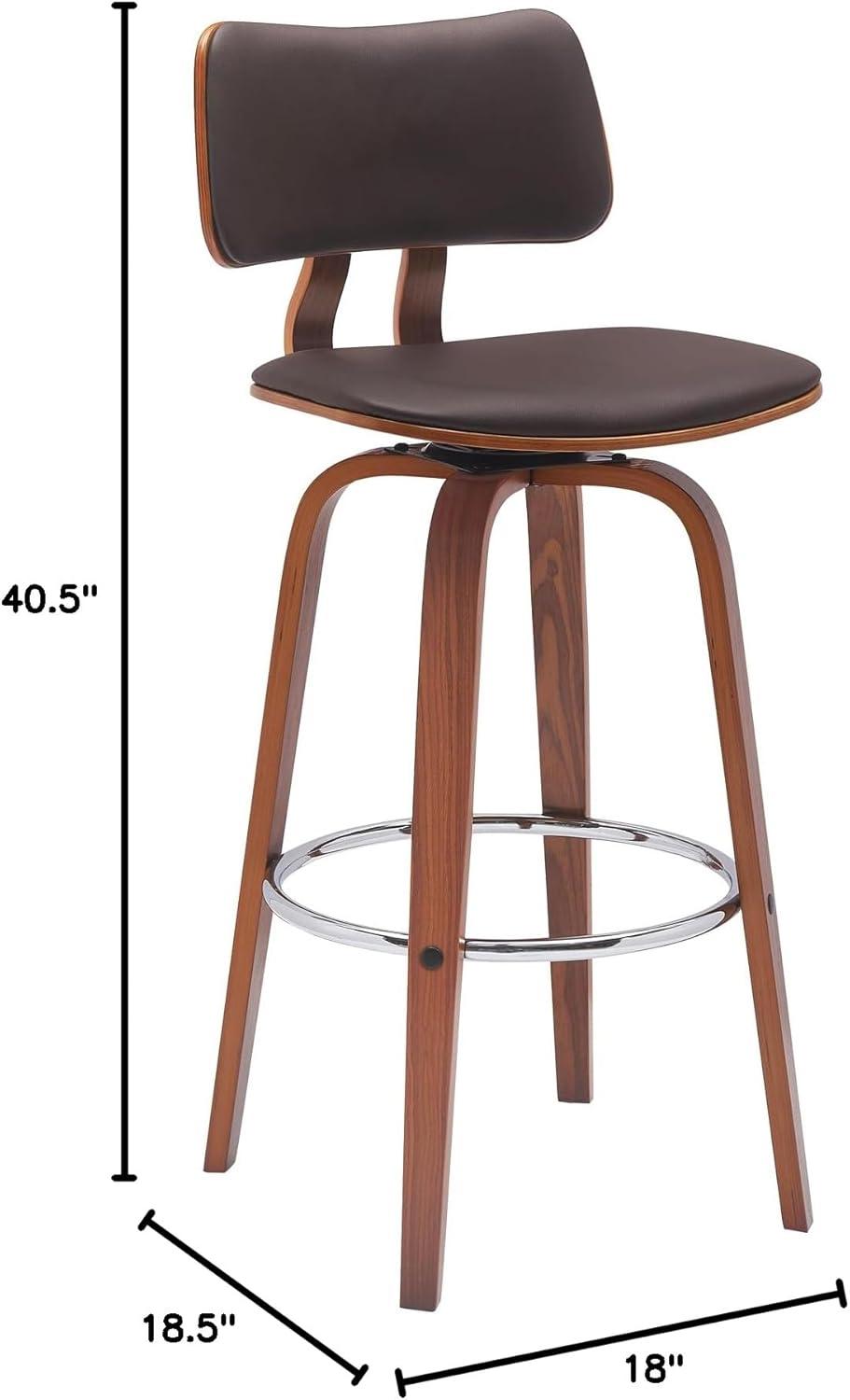 image:imageArmen Living Pico 30 Seat Height Mid Century Modern Swivel Walnut Wood Bar Stool for Kitchen Island Counter in Brown Faux Leather with ChromeBrown Faux Leather