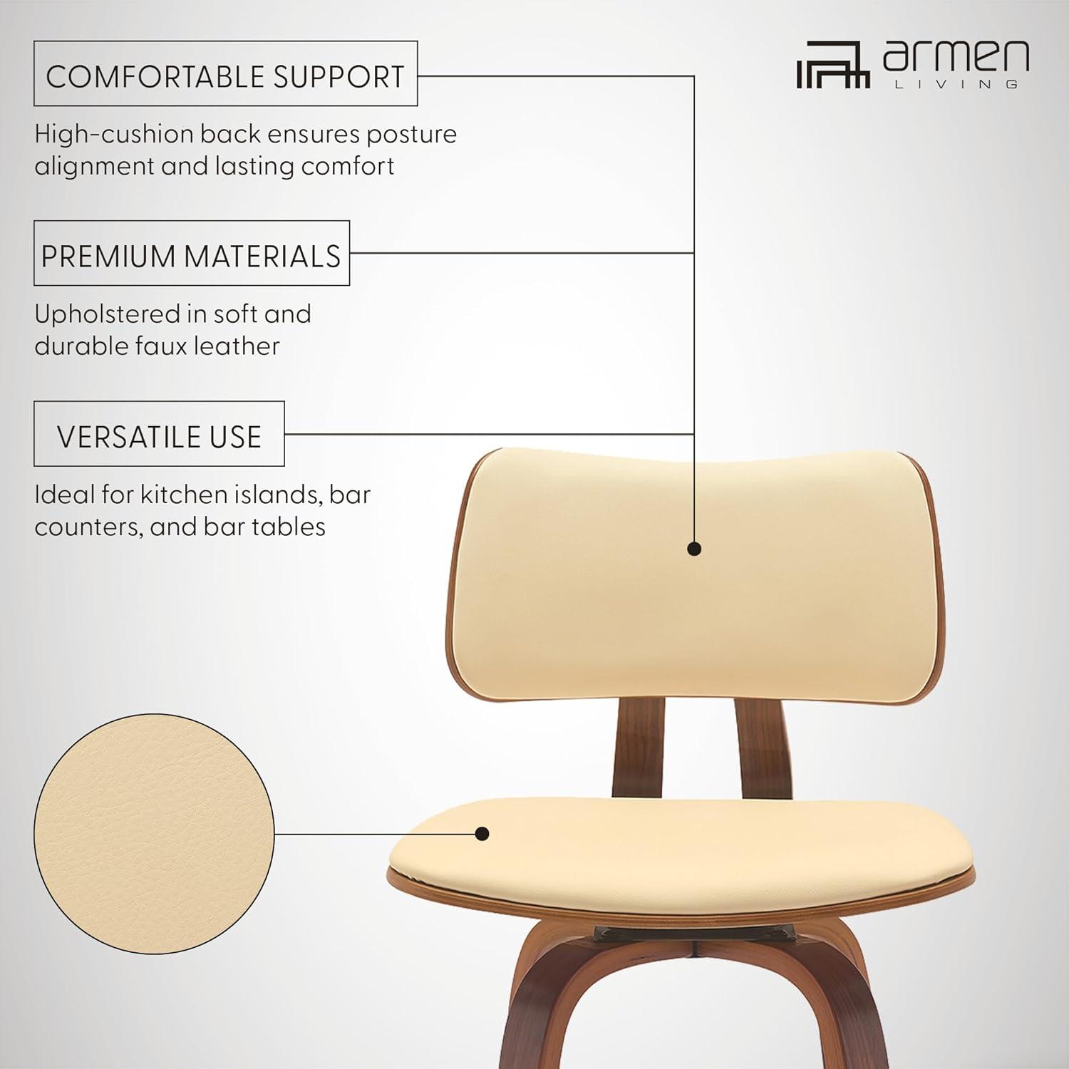 image:imageArmen Living Pico 30 Seat Height Mid Century Modern Swivel Walnut Wood Bar Stool for Kitchen Island Counter in Brown Faux Leather with ChromeCream Faux Leather