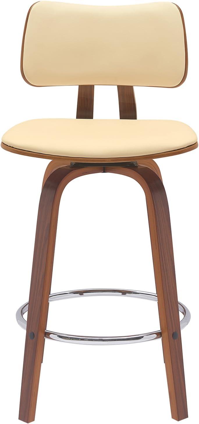 image:imageArmen Living Pico 30 Seat Height Mid Century Modern Swivel Walnut Wood Bar Stool for Kitchen Island Counter in Brown Faux Leather with ChromeCream Faux Leather