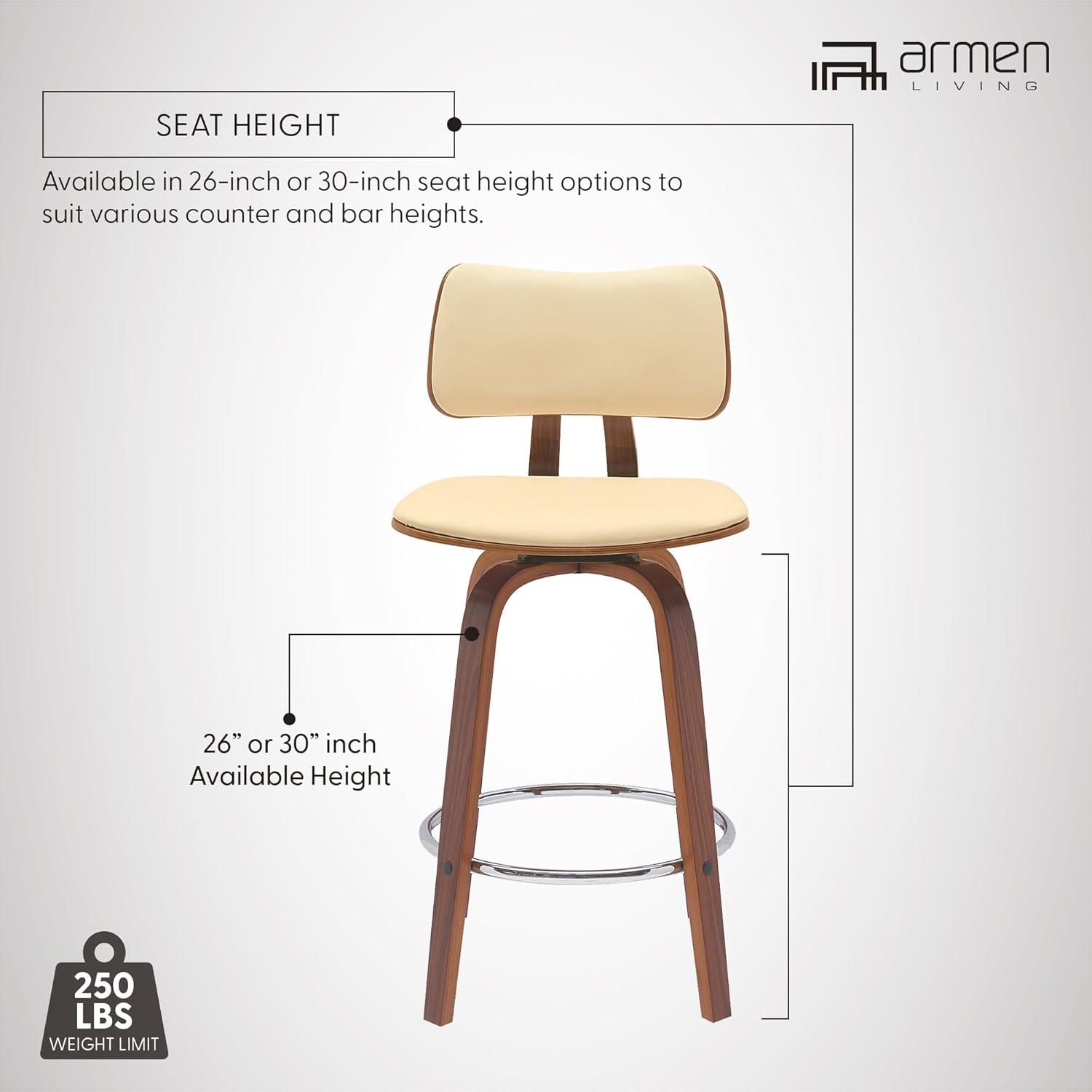 image:imageArmen Living Pico 30 Seat Height Mid Century Modern Swivel Walnut Wood Bar Stool for Kitchen Island Counter in Brown Faux Leather with ChromeCream Faux Leather