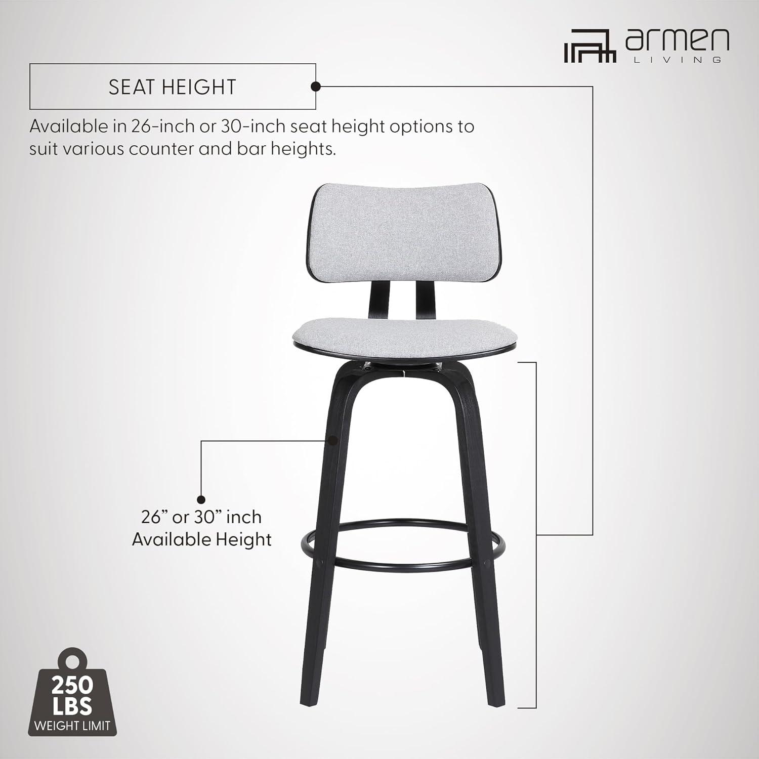 image:imageArmen Living Pico 30 Seat Height Mid Century Modern Swivel Walnut Wood Bar Stool for Kitchen Island Counter in Brown Faux Leather with ChromeLight Gray Fabric