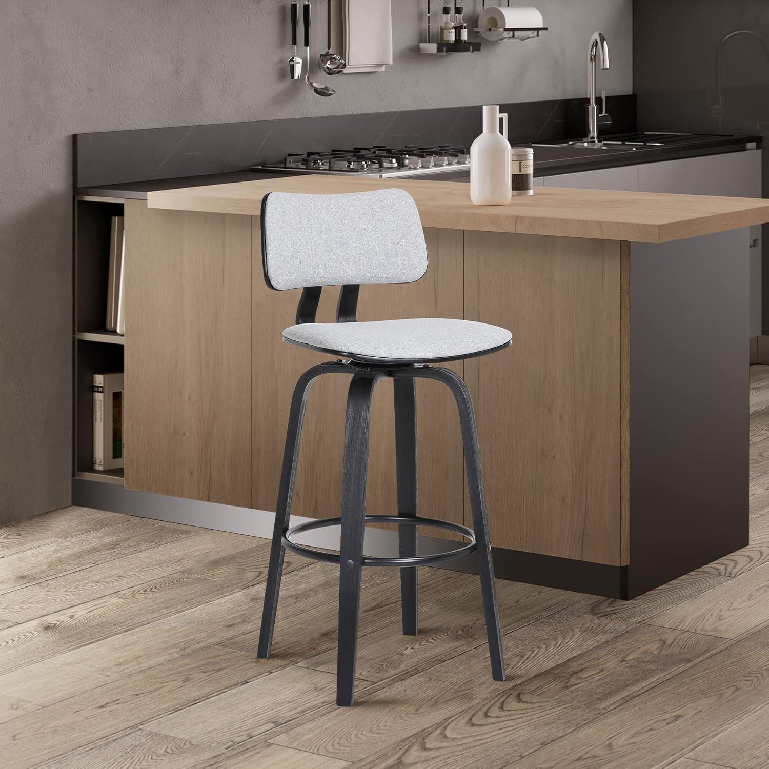 image:imageArmen Living Pico 30 Seat Height Mid Century Modern Swivel Walnut Wood Bar Stool for Kitchen Island Counter in Brown Faux Leather with ChromeLight Gray Fabric