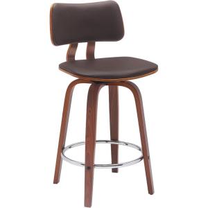 Armen Living Pico 30″ Seat Height Mid Century Modern Swivel Walnut Wood Bar Stool for Kitchen Island Counter in Brown Faux Leather with Chrome(Brown Faux Leather)