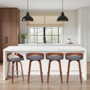 Armen Living Sonia 26″ Counter Height Swivel Gray Faux Leather and Walnut Wood Bar Stool – Set of 4