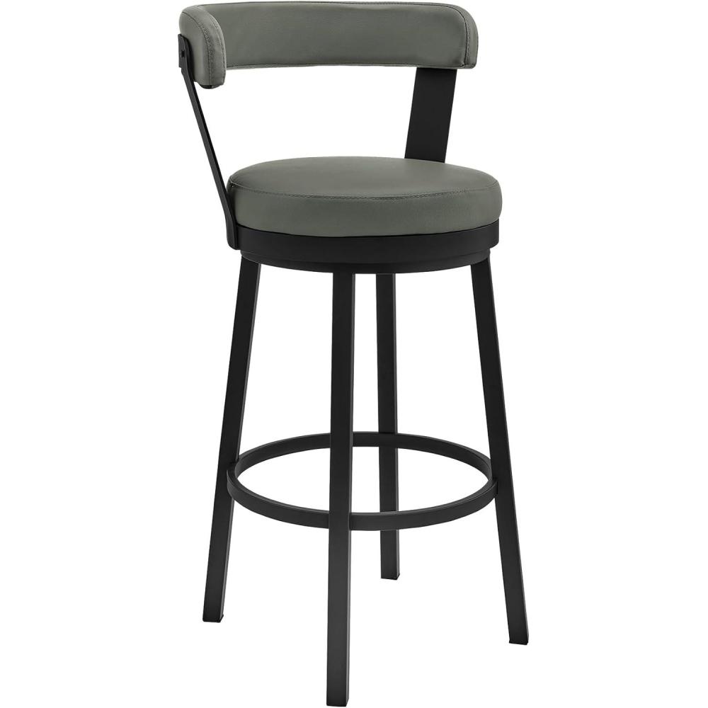 image:imageArmen Living Bryant Modern 30 Seat Height Gray Faux Leather and Black Stainless Steel Metal Swivel Bar Stool for Kitchen Island Counter