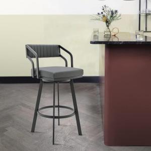 Armen Living Lorin Modern 26″ Seat Height Gray Faux Leather and Brushed Stainless Steel Metal Swivel Bar Stool for Kitchen Island Counter(Scranton)