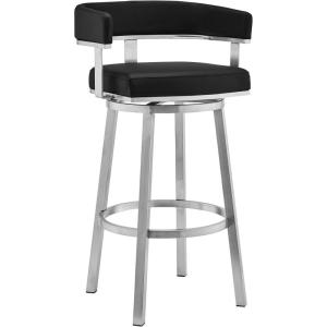 Armen Living Lorin Modern 30″ Seat Height Black Faux Leather and Brushed Stainless Steel Metal Swivel Bar Stool for Kitchen Island Counter