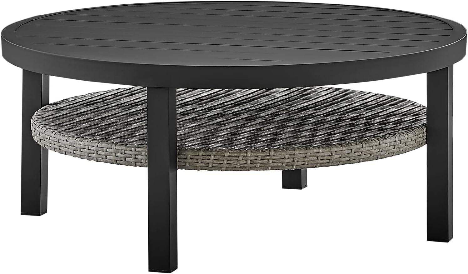 image:imageAileen Outdoor Patio Round Coffee Table in Black Aluminum with Grey Wicker Shelf