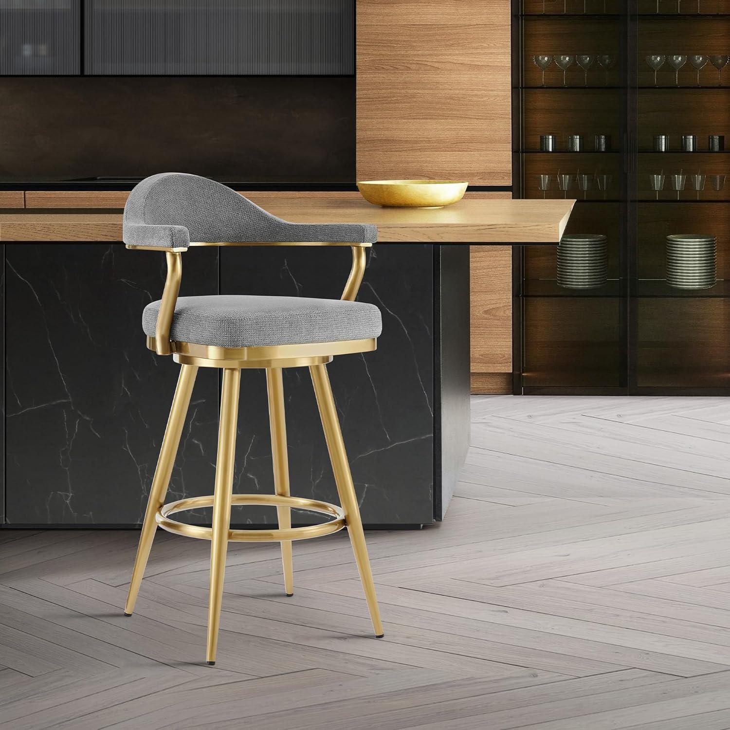 image:imageArmen Living Justin Modern Farmhouse 26 Seat Height Swivel Vintage Brown Faux Leather Bar Stool with Brown Metal Legs for Kitchen Island CounterAnchor Gray Fabric and Gold
