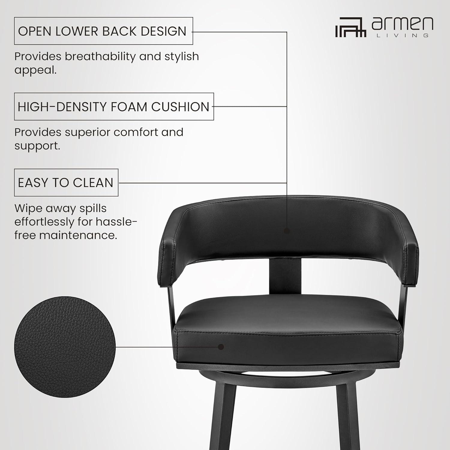 image:imageArmen Living Lorin Modern 30 Seat Height Black Faux Leather and Black Stainless Steel Metal Swivel Bar Stool for Kitchen Island Counter