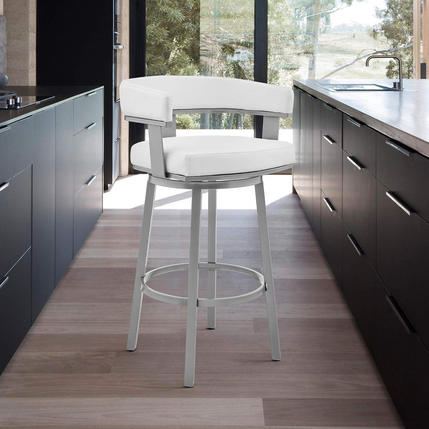 image:imageArmen Living Lorin Modern 30 Seat Height White Faux Leather and Silver Stainless Steel Metal Swivel Bar Stool for Kitchen Island Counter