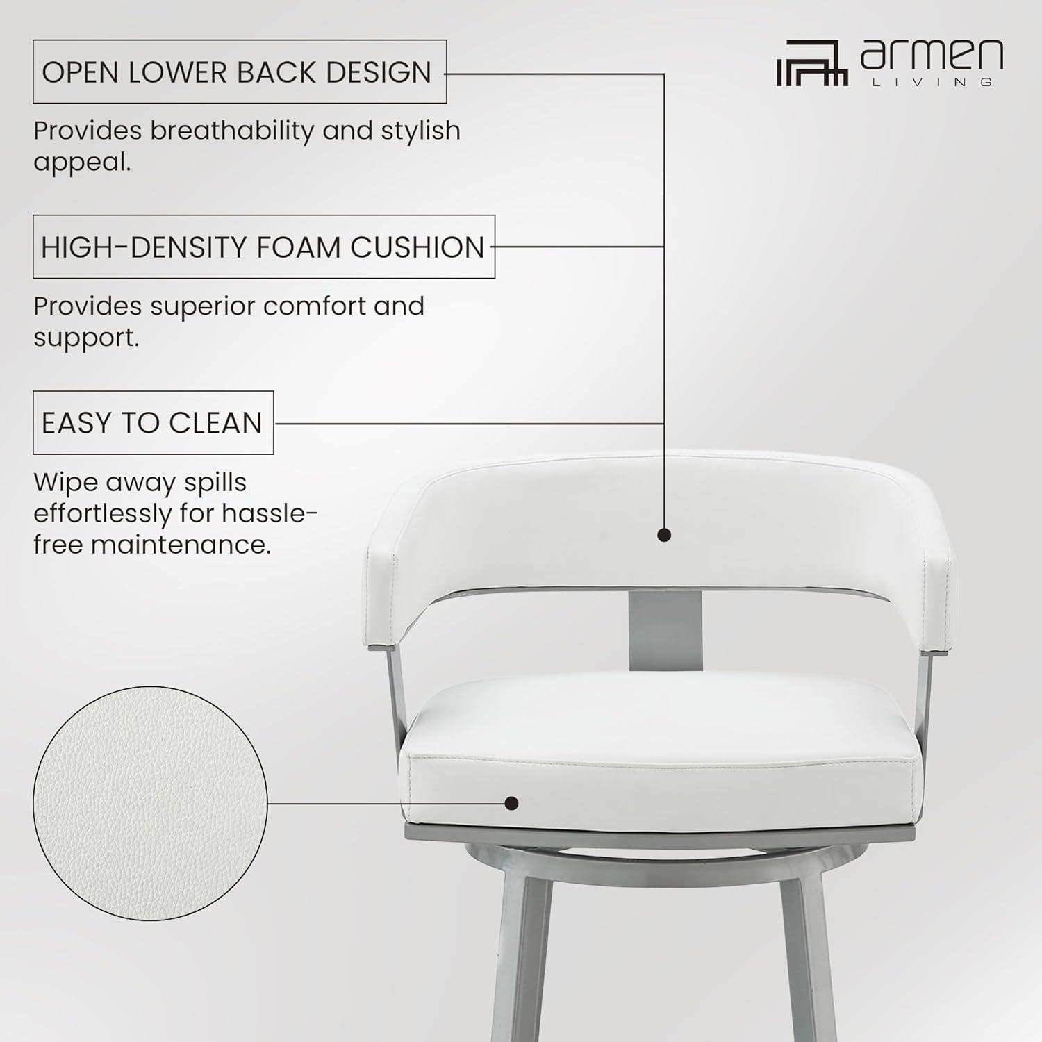 image:imageArmen Living Lorin Modern 30 Seat Height White Faux Leather and Silver Stainless Steel Metal Swivel Bar Stool for Kitchen Island Counter