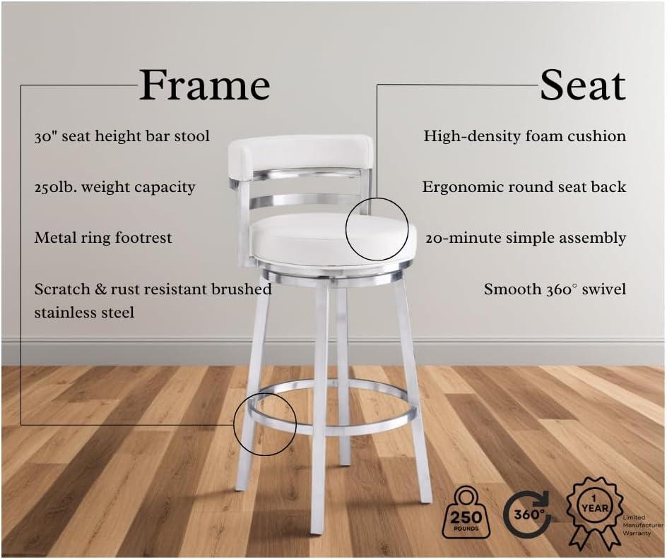 image:imageArmen Living Mardrid LCMABABSGR26 Counter Chair Gray 360 Rotation Stainless Steel Faux Leather Seat Seat Height 260 inches 66 cmWhiteStainless Steel