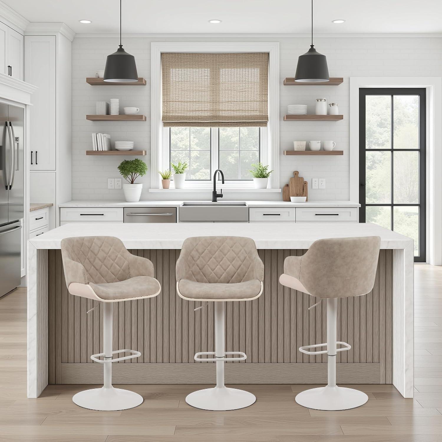 image:imageArmen Living Toby Swivel Adjustable Height Barstool in Taupe Fabric Upholstered Seat and Ivory Finish with Pale Wood AccentsTaupeIvory