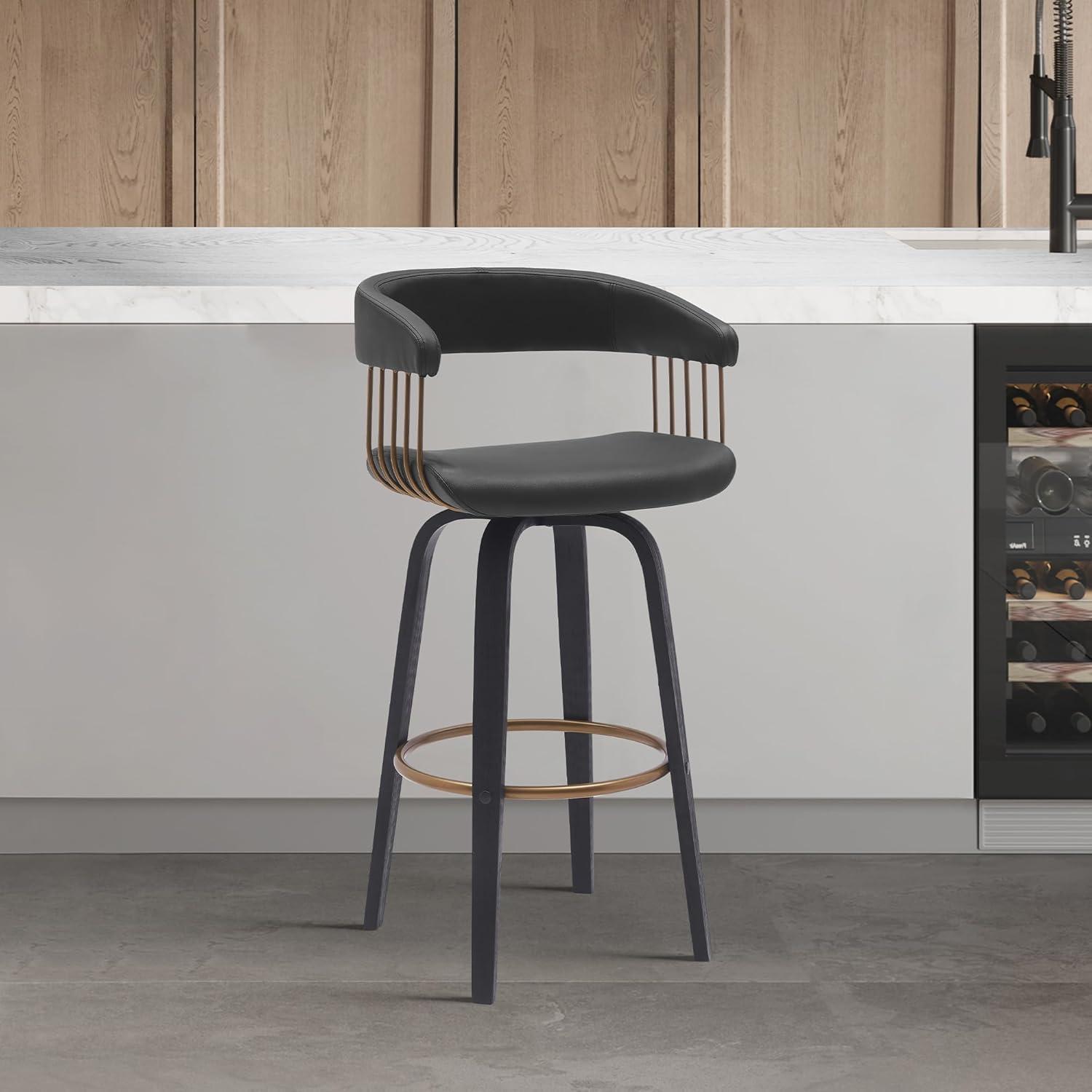 image:imageArmen Living Topanga 26 Seat Height Mid Century Modern Swivel Walnut Wood Bar Stool for Kitchen Island Counter in Cream Faux Leather with Golden Bronze MetalBlack Faux Leather