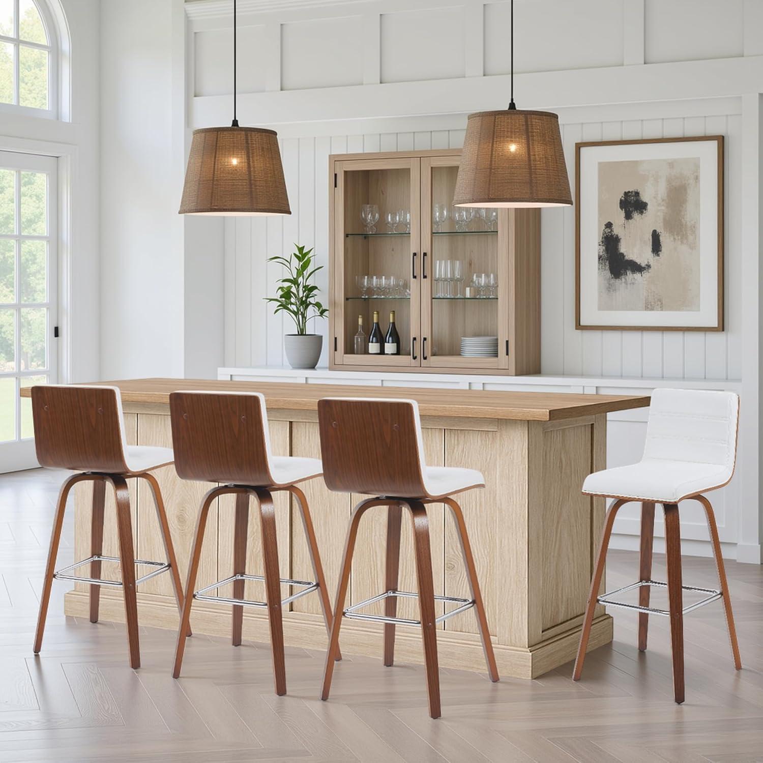 image:imageArmen Living Vienna Modern Swivel 30 Bar Height Barstool with White Faux Leather and Patterned Oak Wood FinishWhite Faux LeatherWalnut
