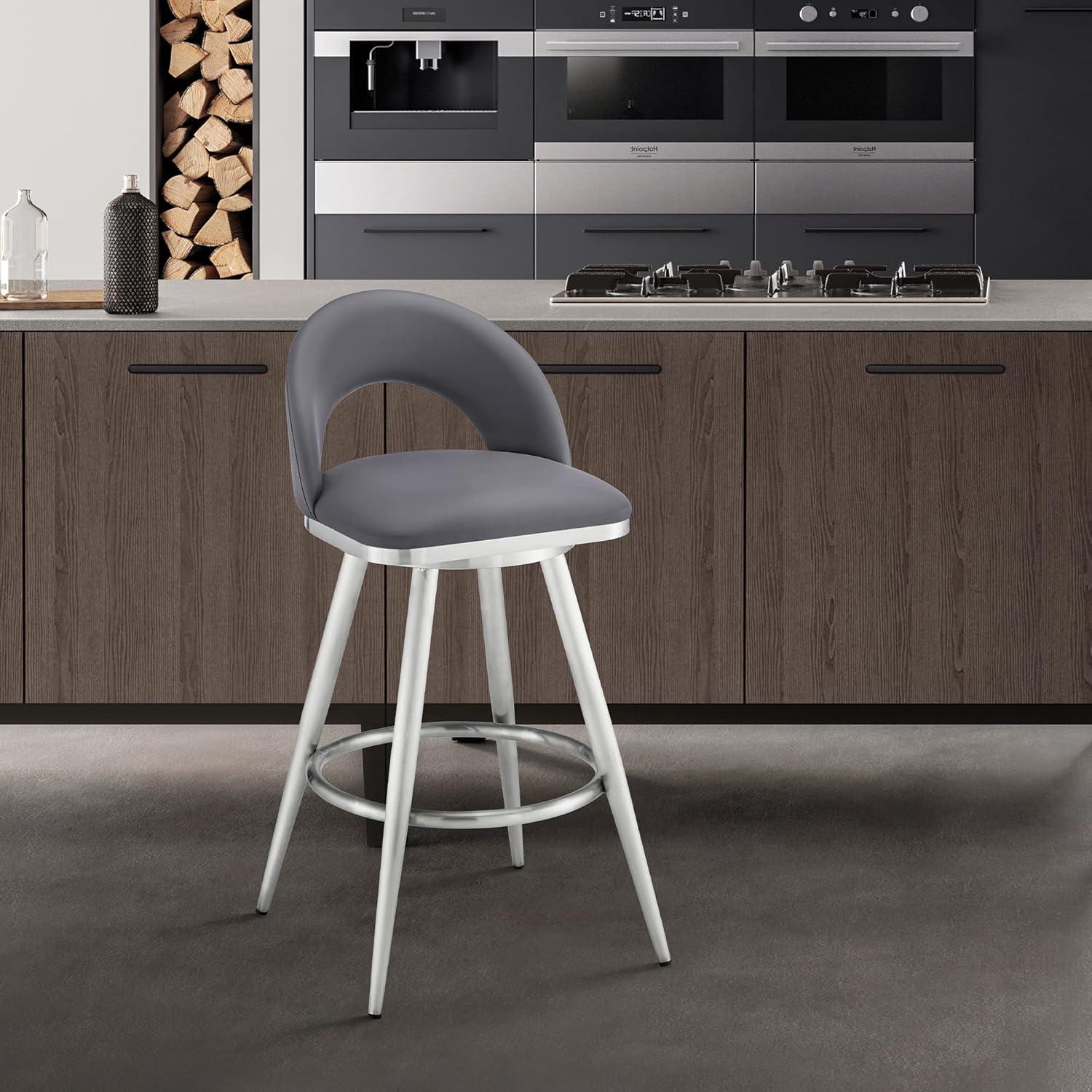image:imageCharlotte Swivel Bar Stool in Brushed Stainless Steel with White Faux LeatherGrey