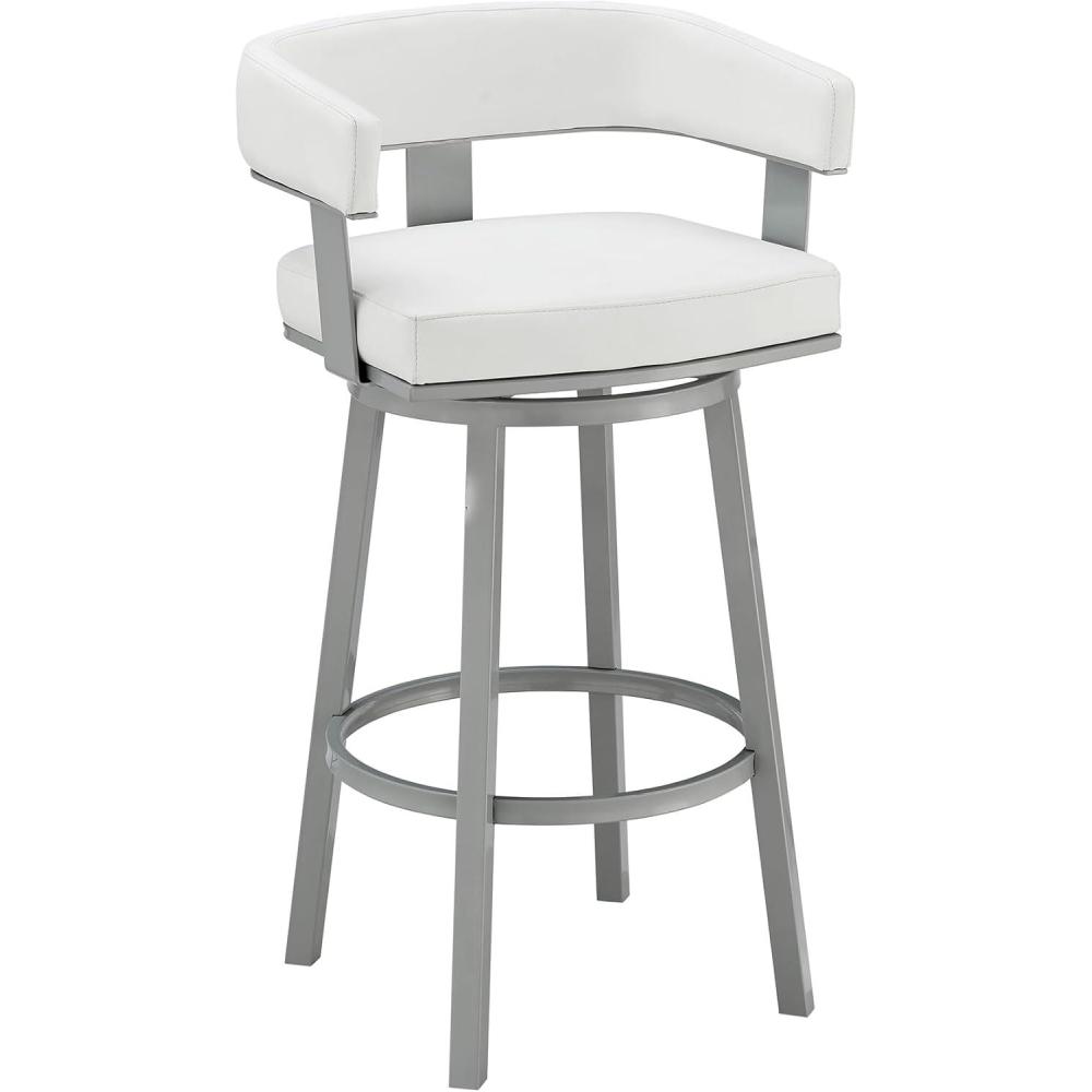 image:imageArmen Living Lorin Modern 30 Seat Height White Faux Leather and Silver Stainless Steel Metal Swivel Bar Stool for Kitchen Island Counter