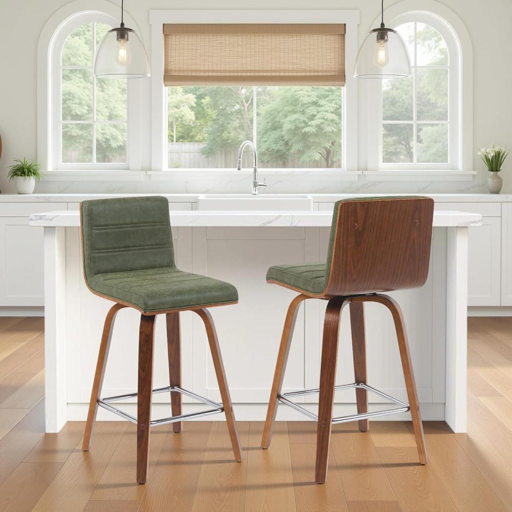 image:imageArmen Living Vienna Modern Swivel 30 Bar Height Barstool with White Faux Leather and Patterned Oak Wood FinishVintage Green Faux LeatherWalnut