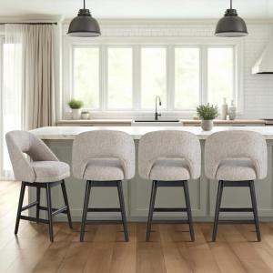 Armen Living Adrian Gray Solid Wood Upholstered 26″ Counter Height Swivel Barstool with Morning Fog Fabric Seat – Set of 4