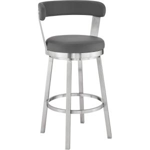 Armen Living Bryant Modern 30″ Seat Height Gray Faux Leather and Brushed Stainless Steel Metal Swivel Bar Stool for Kitchen Island Counter