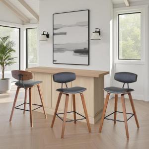 Armen Living Fox 28.5″ Bar Height Gray Faux Leather and Walnut Wood Mid-Century Modern Bar Stool – Set of 3