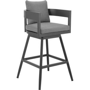 Armen Living Menorca Outdoor Patio Swivel Bar Stool in Aluminum with Gray Cushions