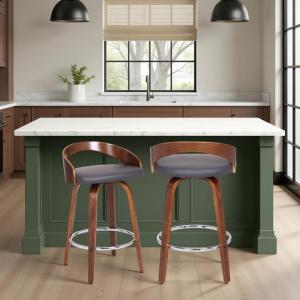 Armen Living Sonia 26″ Counter Height Swivel Gray Faux Leather and Walnut Wood Bar Stool – Set of 2