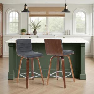Armen Living Vienna Modern Swivel 30″ Bar Height Barstool with White Faux Leather and Patterned Oak Wood Finish(Vintage Black Faux Leather/Walnut)
