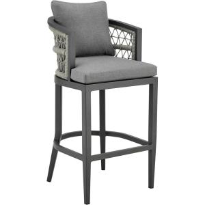Armen Living Zella Outdoor Patio Counter Stool in Aluminum with Light Gray Rope and Earl Gray Cushions