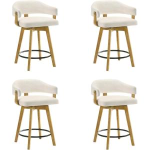 Callah Contemporary Natural Wood Bar Height Kitchen Bar Stool in Amber Glow Finish with White Boucle Fabric Upholstered Seat – Set of 3(26″ Counter Height)