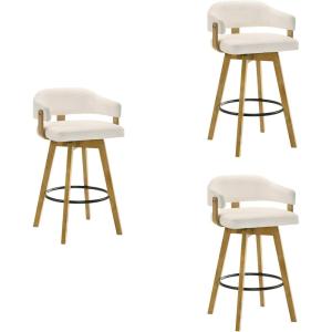 Callah Contemporary Natural Wood Bar Height Kitchen Bar Stool in Amber Glow Finish with White Boucle Fabric Upholstered Seat – Set of 3(30″ Bar Height)