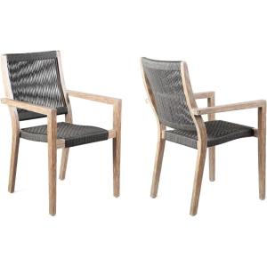 Armen Living Madsen Outdoor Eucalyptus Wood and Charcoal Rope Dining Chairs – Set of 2
