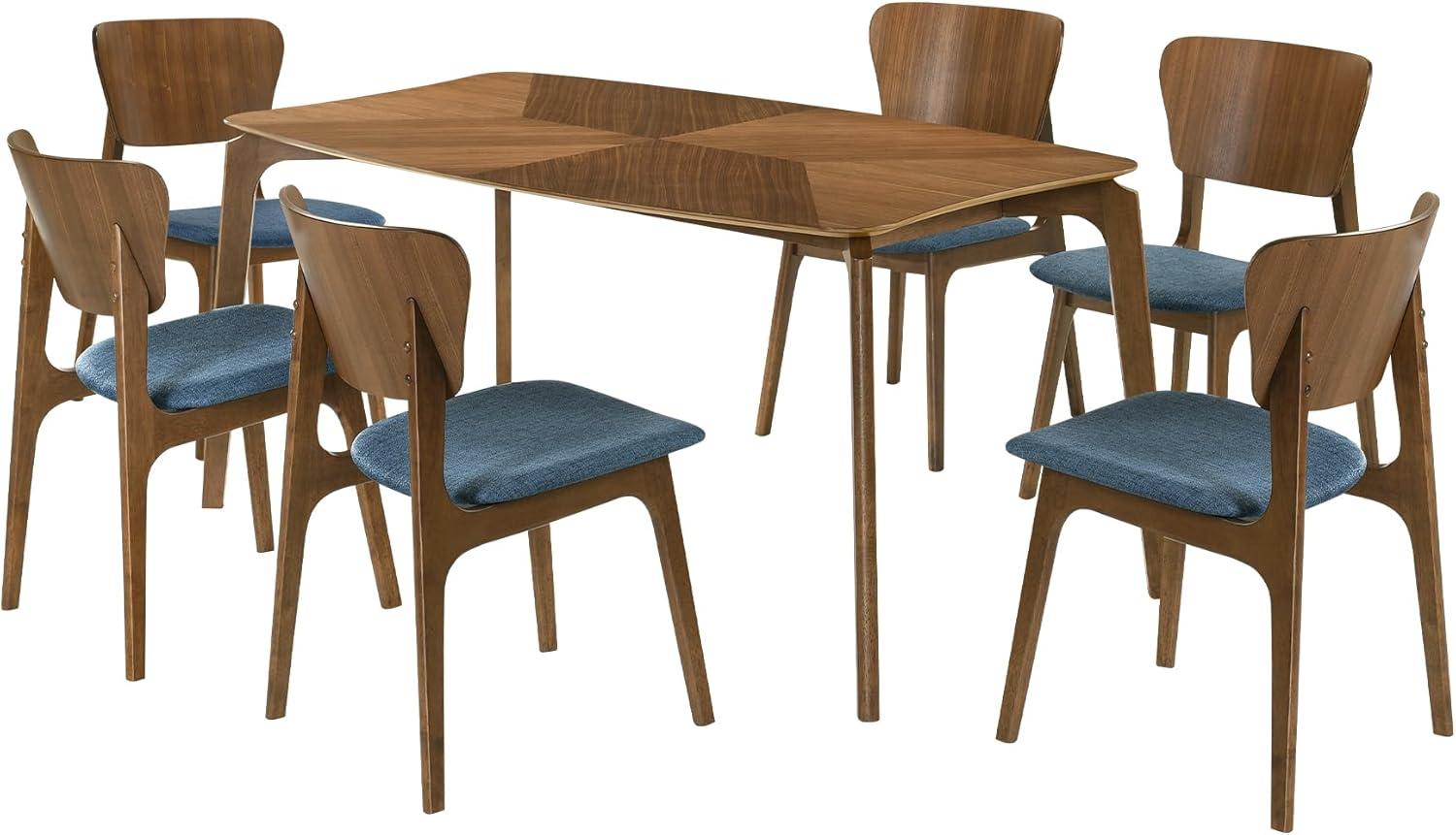 image:imageArmen Living Kalia 5 Piece Wood Dining Set in Walnut Finish with Blue FabricBlue and Walnut