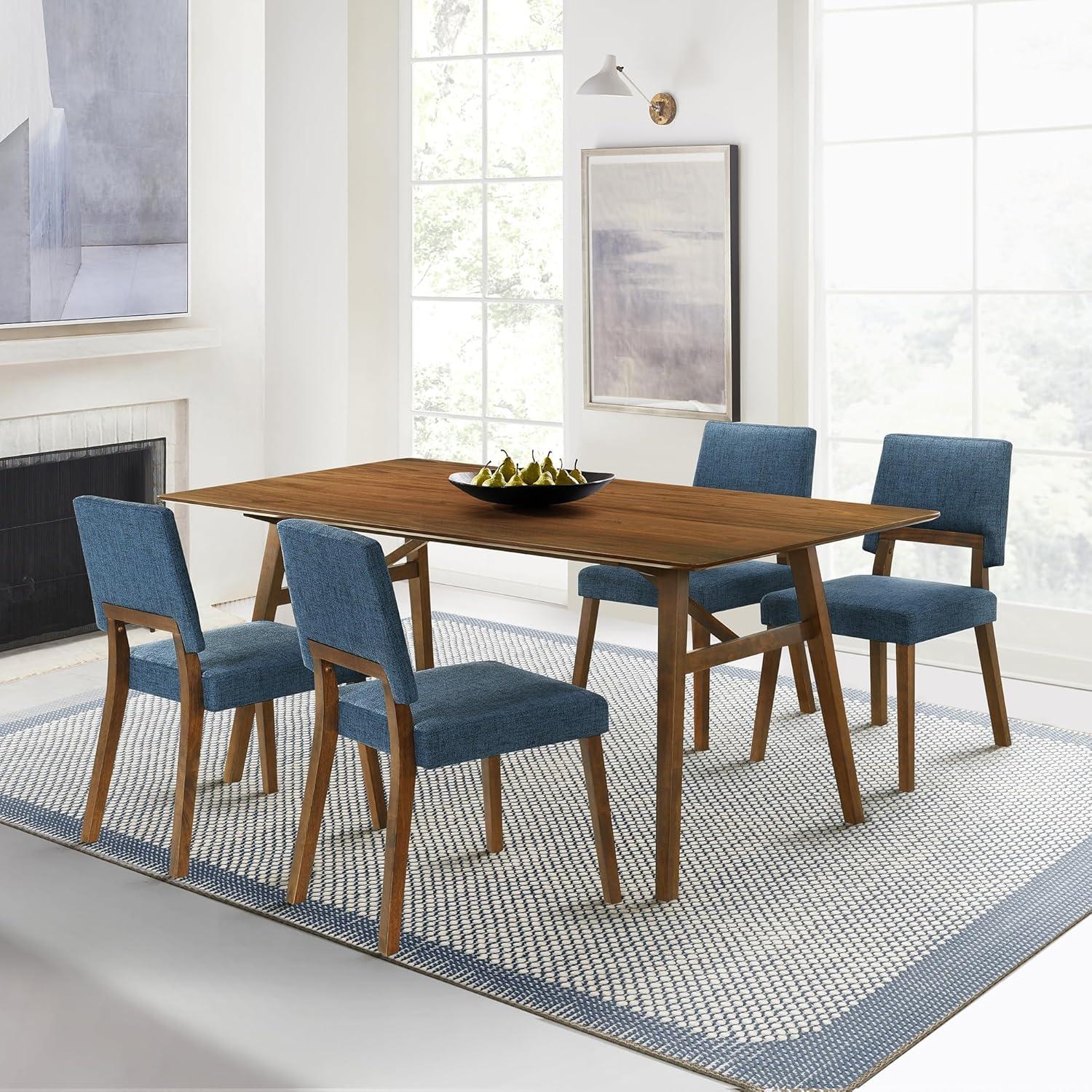 image:imageArmen Living Channell Mid Century Modern 6 Piece Black Wood Dining Table Set with Bench in Charcoal FabricBlue and Walnut Wood