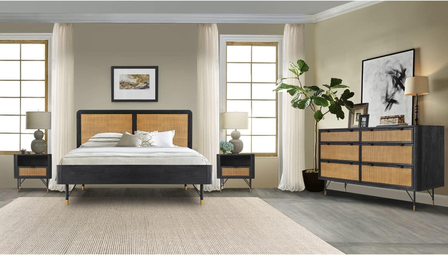 image:imageArmen Living Saratoga 4 Piece King Bedroom Set in Black Acacia Wood and Rattan