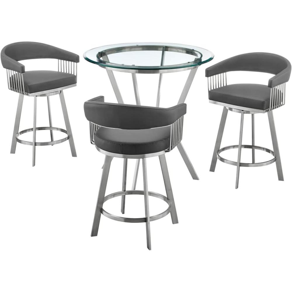 image:imageArmen Living Naomi and Chelsea 5Piece Counter Height Dining Set in Brushed Stainless Steel and Grey Faux Leather4Piece