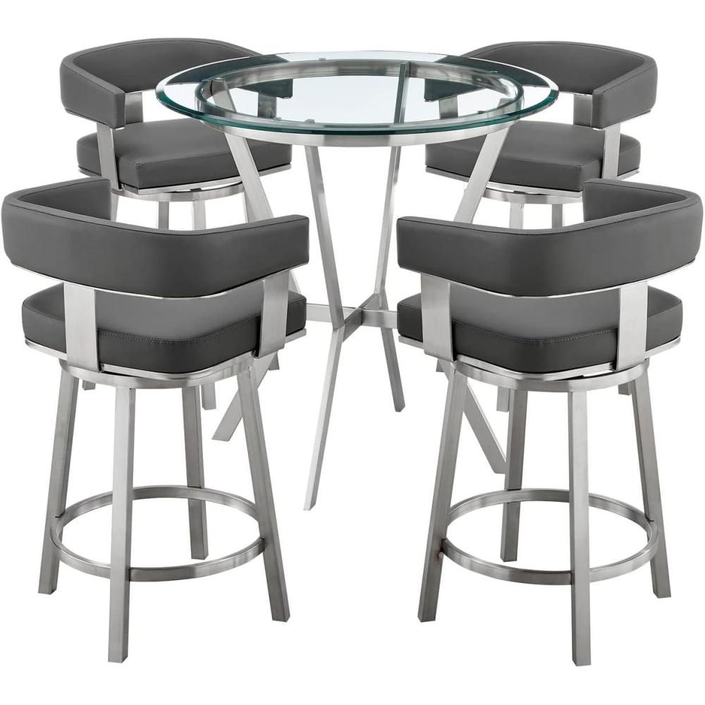 image:imageArmen Living Naomi and Lorin 3Piece Counter Height Dining Set in Brushed Stainless Steel and Grey Faux Leather5Piece