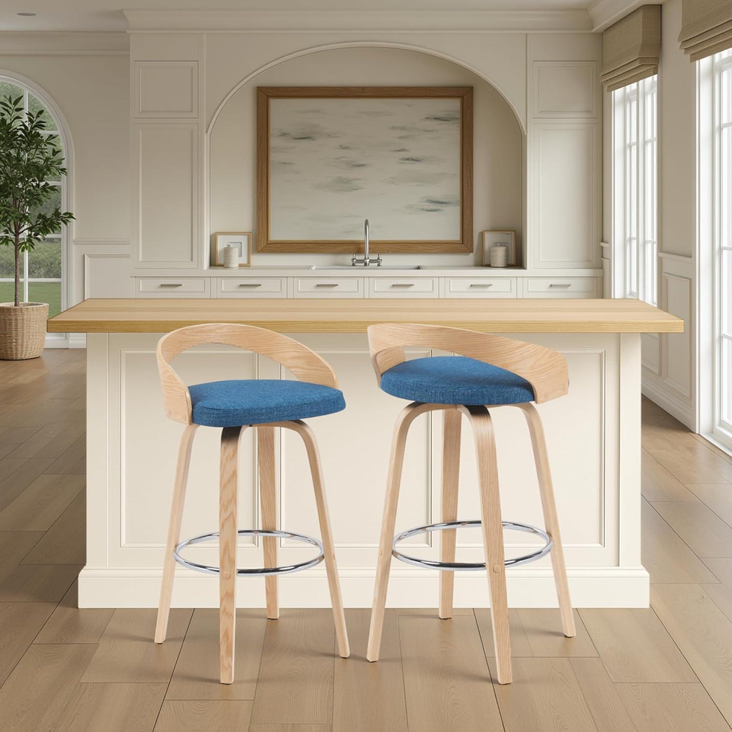 image:imageArmen Living Sonia 26 Counter Height Swivel Brown Faux Leather and Walnut Wood Bar Stool Set of 4Blue FabricOak