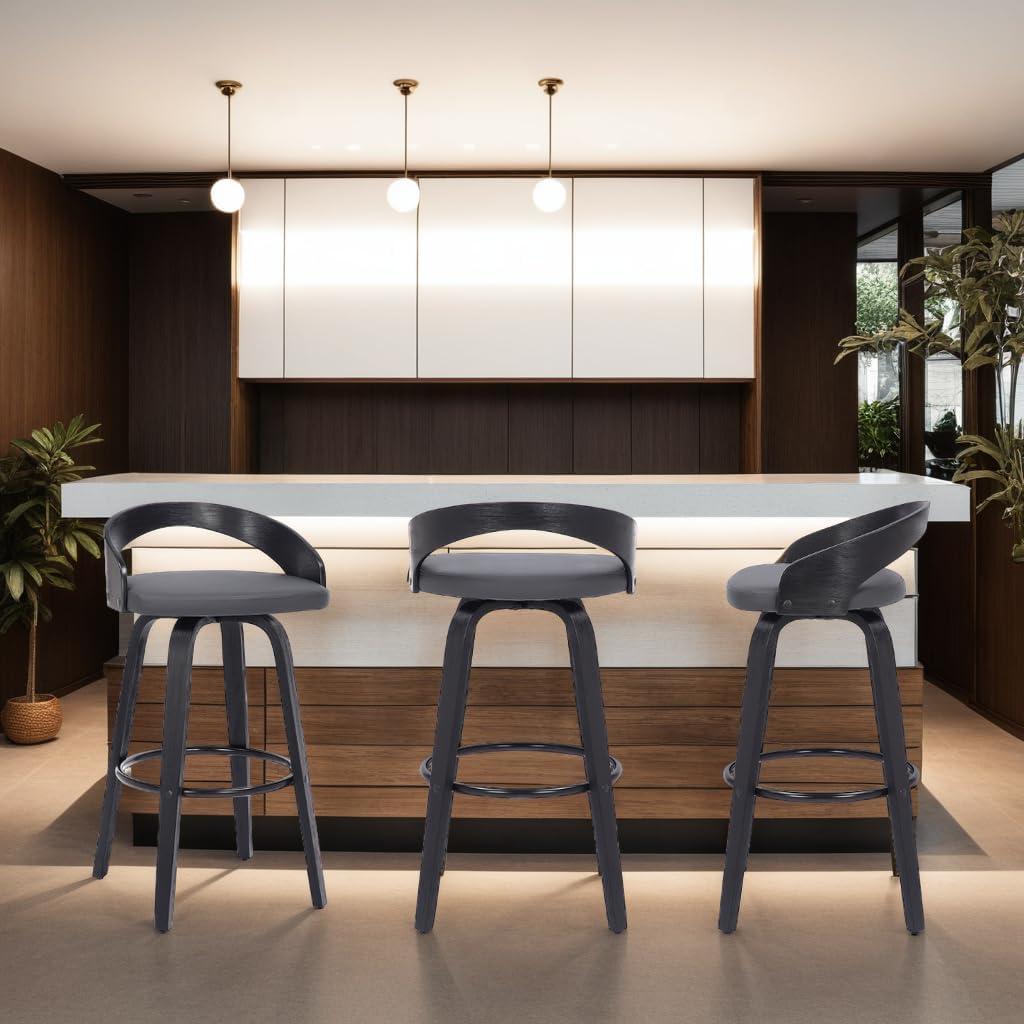 image:imageArmen Living Sonia Modern Swivel Counter Height Bar Stool with Blue Upholstered Seat and Patterned Oak Wood FinishGray Faux LeatherBlack