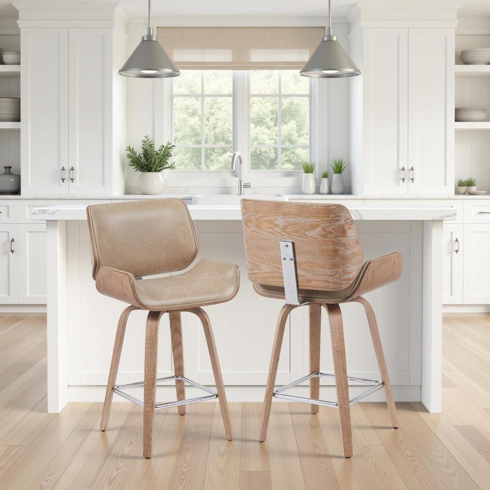 image:imageArmen Living Tyler 26 Counter Height Swivel Brown Faux Leather and Walnut Wood Bar Stool Set of 2Vintage BrownNatural