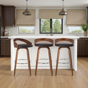 Armen Living Sonia 26″ Counter Height Swivel Brown Faux Leather and Walnut Wood Bar Stool – Set of 4(Brown Faux Leather/Walnut)