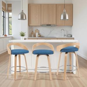 Armen Living Sonia Modern Swivel Counter Height Bar Stool with Blue Upholstered Seat and Patterned Oak Wood Finish(Blue Fabric/Oak)