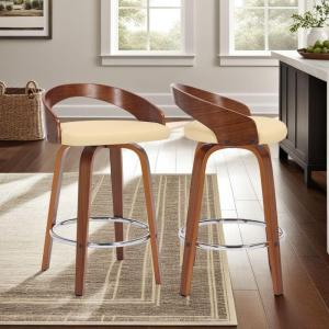 Armen Living Sonia Modern Swivel Counter Height Bar Stool with Blue Upholstered Seat and Patterned Oak Wood Finish(Cream Faux Leather/Walnut)