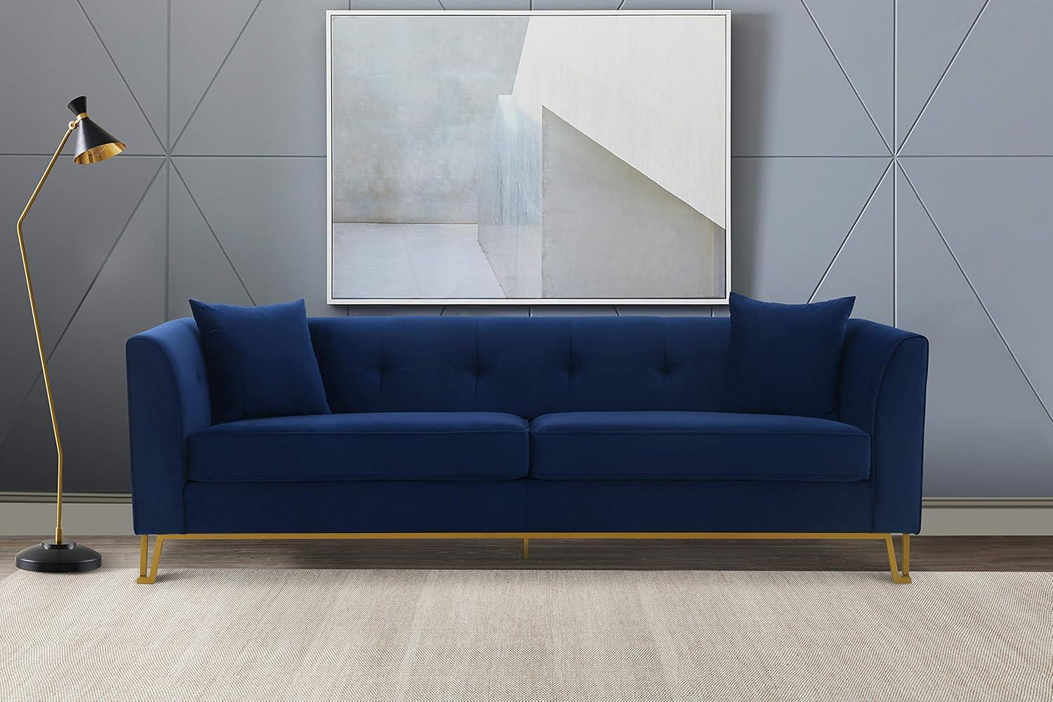 image:imageArmen Living Everest 90 Gray Fabric Upholstered Sofa with Brushed Stainless Steel LegsBlue Velvet and Gold