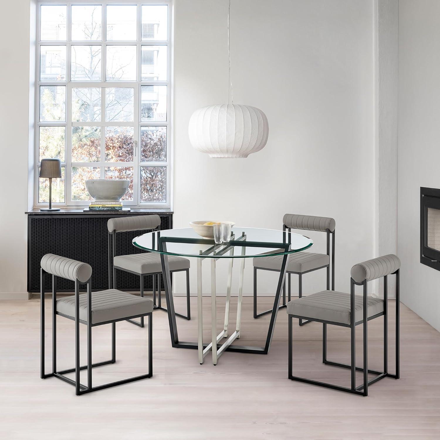 image:imageArmen Living Devi Anastasia 5 Piece Round Glass Dining Table Set with Matte Black Iron and Light Gray Faux Leather